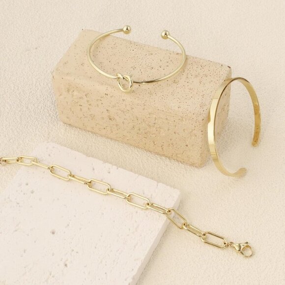 14K Real Gold-C Plated Bangle Cuff Non Tarnish Trendy Stack Bracelets for Women - Picture 5 of 6